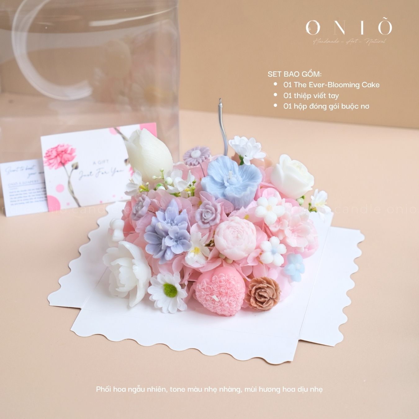 Set hoa The Ever-Blooming Cake (Nến thơm tạo hình bánh sinh nhật, phối hoa ngẫu nhiên, tone màu pastel) - ONIÕ