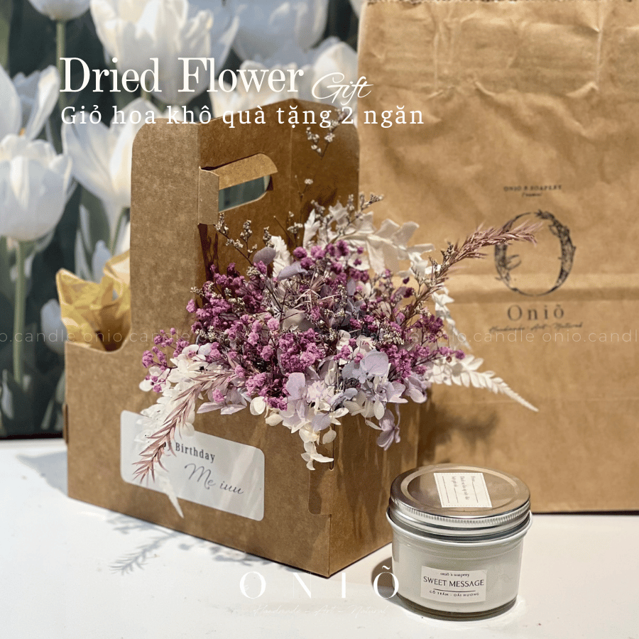 Giỏ hoa khô quà tặng 2 ngăn (1 ngăn hoa khô - 1 ngăn nến tùy chọn) - giá chưa bao gồm nến ONIÕ